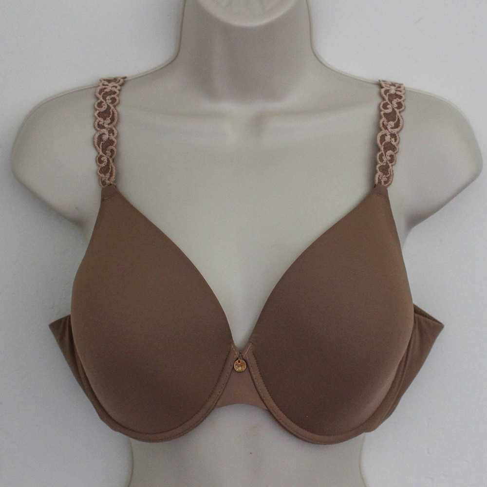 Natori T-Shirt Bra Size 36DD Brown Lace Trim Underwire Pure Luxe Contour 732080